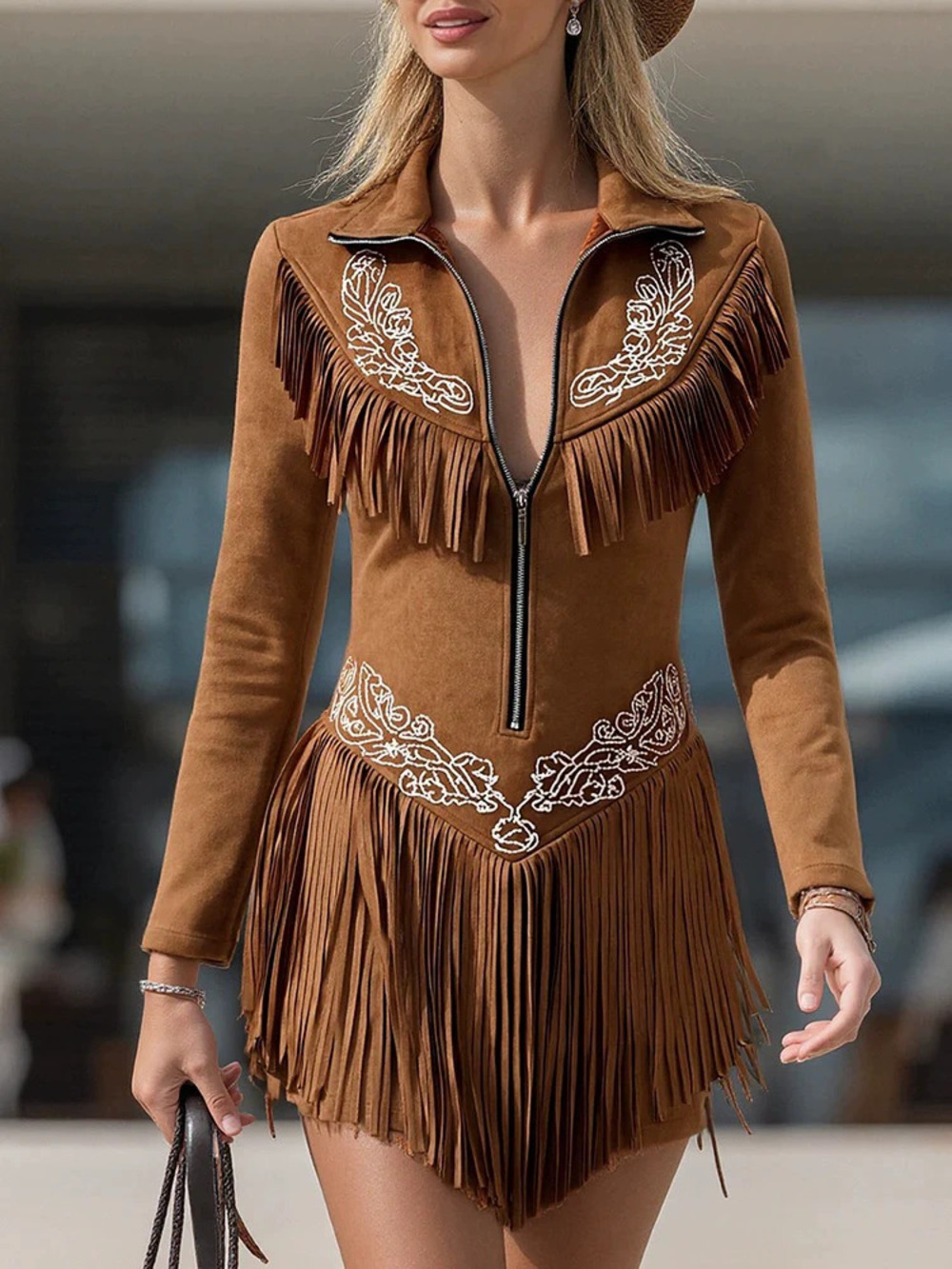 ZARA Womens Casual Western Suede Long Sleeve Fringe Dress